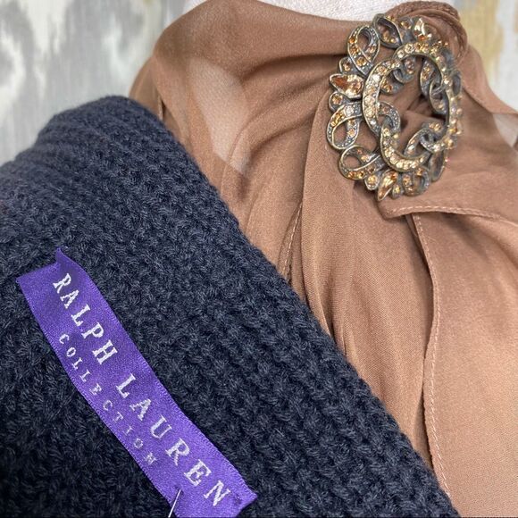 Ralph Lauren Black Cashmere Blend Lamb Shearling Flat Knit Open Front Cardigan - Picture 2 of 16